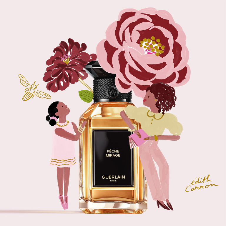 A MOTHER AND A DAUGHTER HOLDING FLOWERS AROUND GUERLAIN PECHE MIRAGE PERFUME