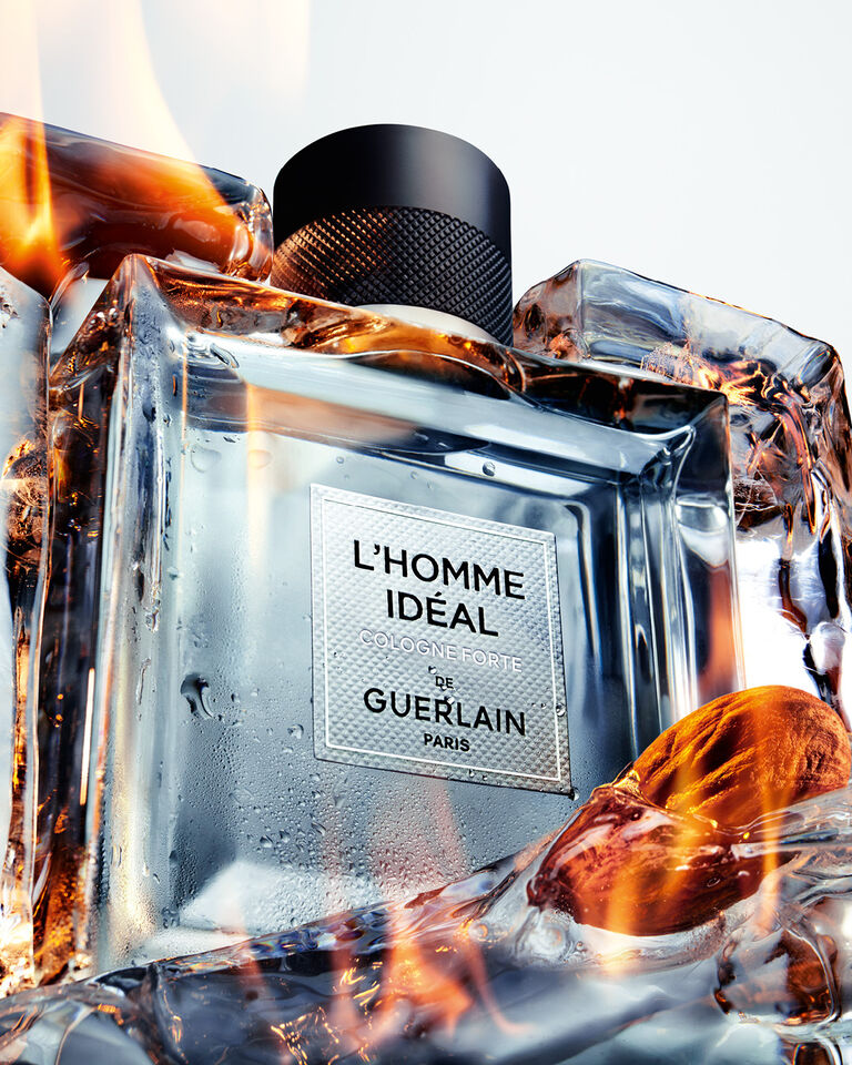 The new L'Homme Id&eacute;al Cologne Forte perfume bottle by Guerlain